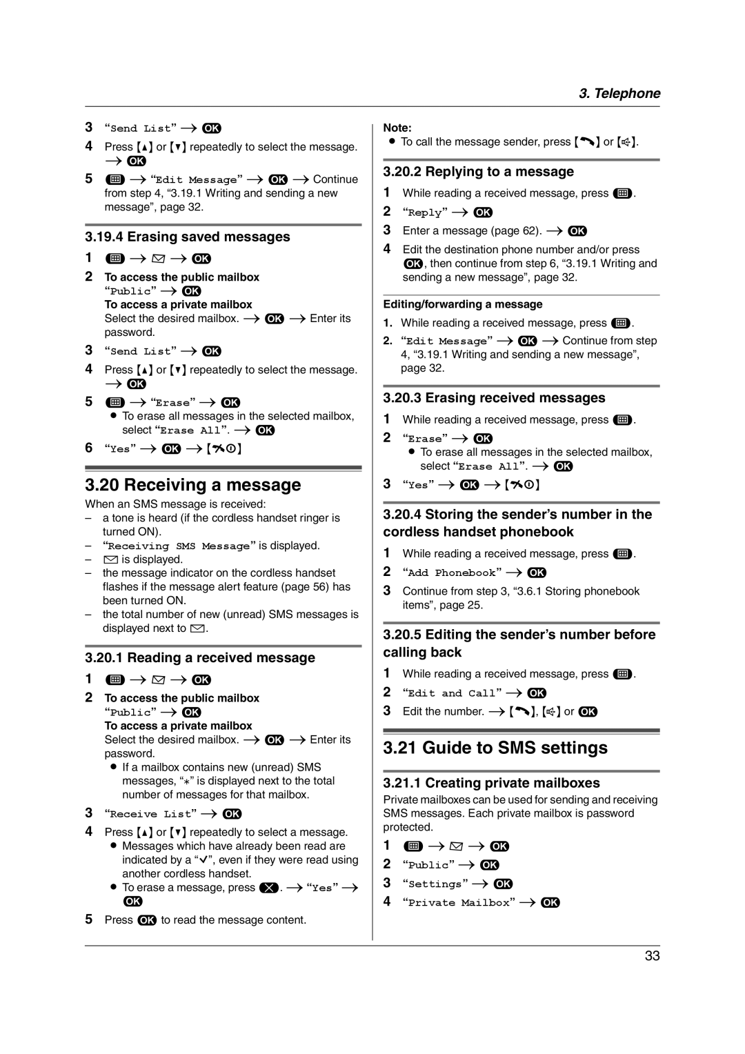 Panasonic KX-FC255AL manual Receiving a message, Guide to SMS settings 