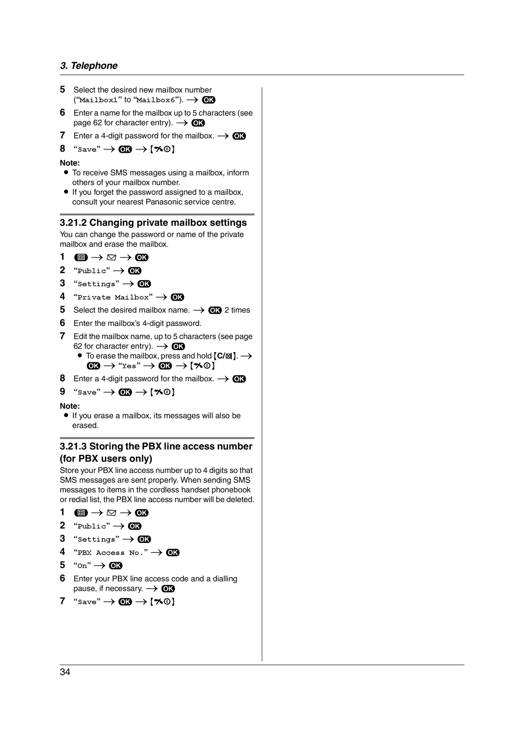 Panasonic KX-FC255AL Changing private mailbox settings, Storing the PBX line access number for PBX users only, On i # 