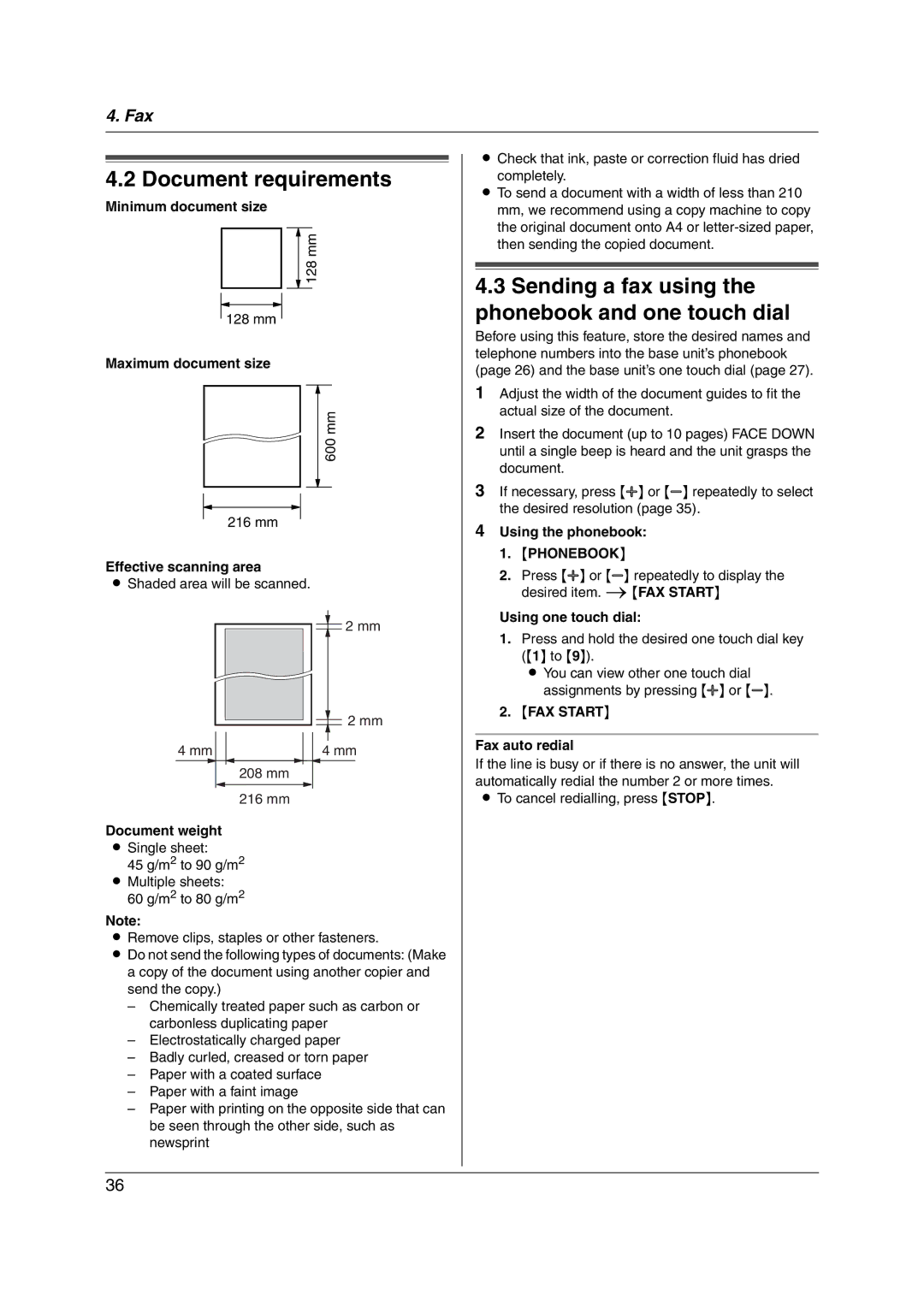 Panasonic KX-FC255AL manual Document requirements, Sending a fax using Phonebook and one touch dial 