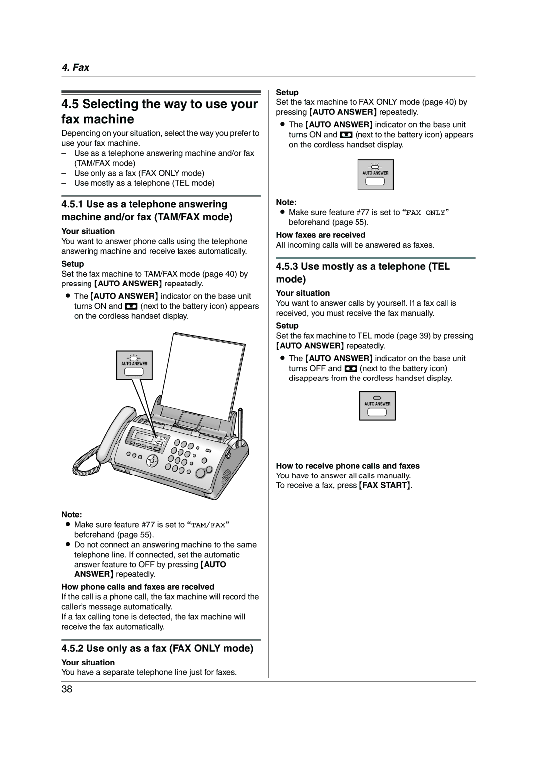 Panasonic KX-FC255AL manual Selecting the way to use your fax machine, Use only as a fax FAX only mode 