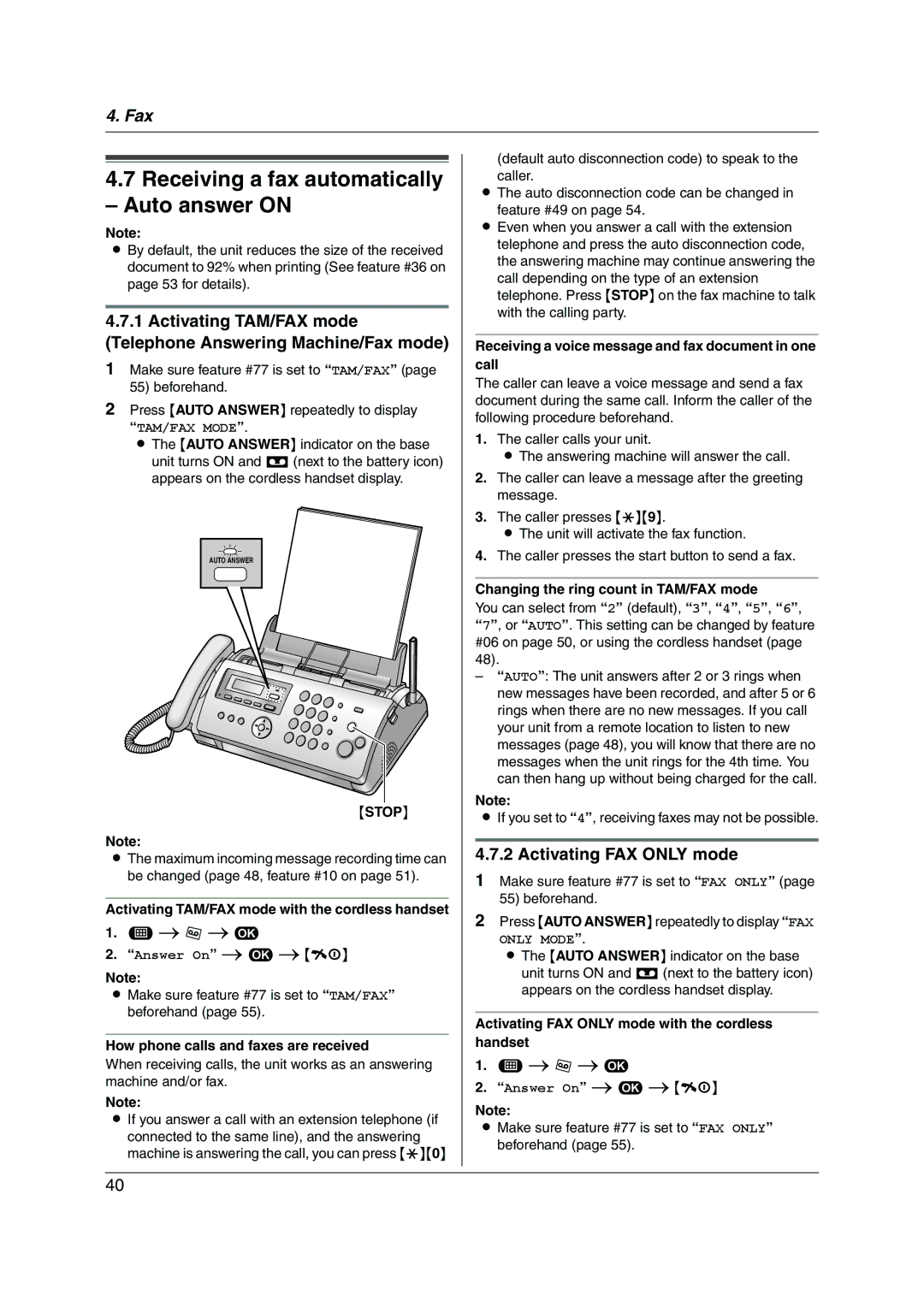 Panasonic KX-FC255AL manual Receiving a fax automatically Auto answer on, Activating FAX only mode 