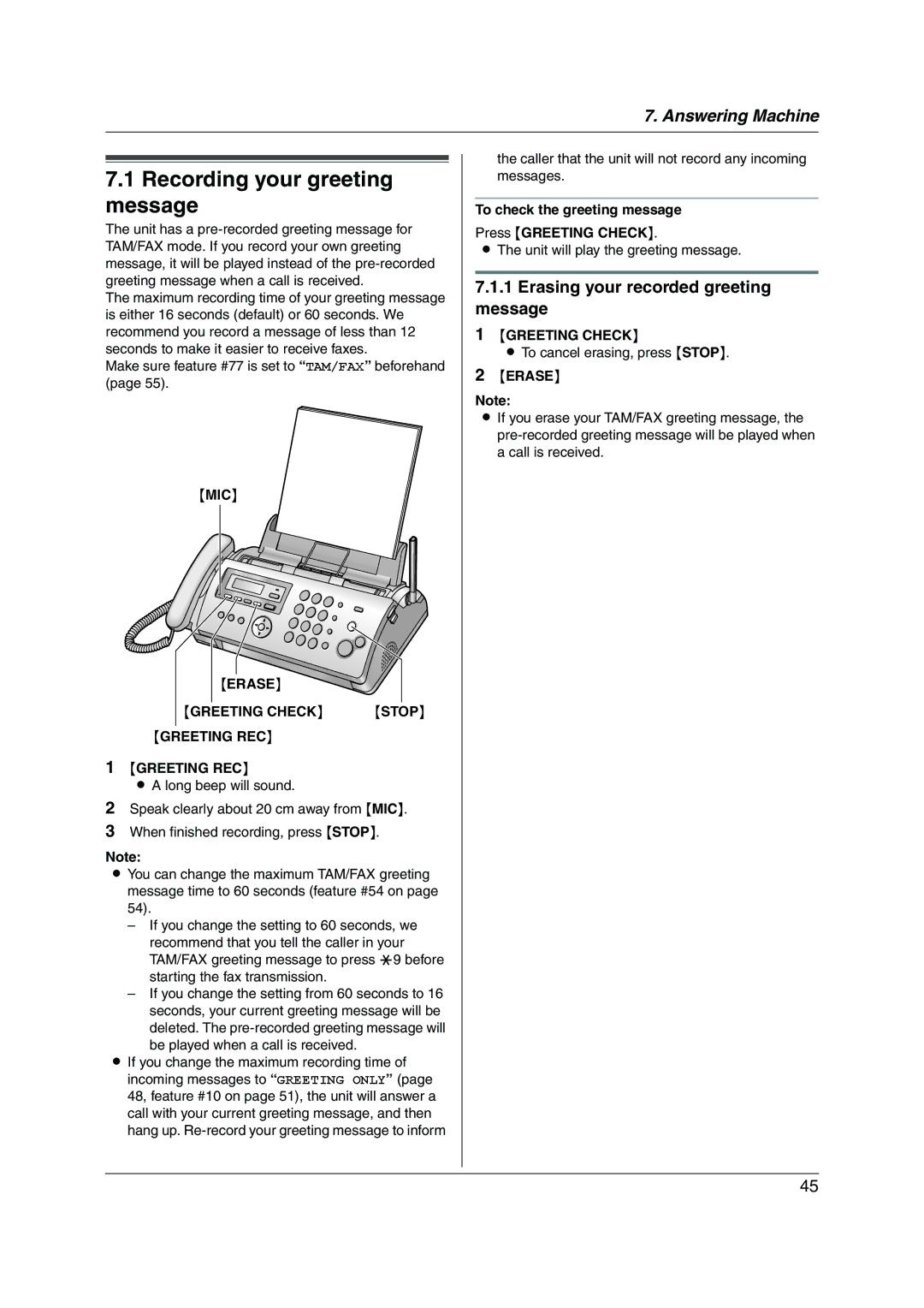 Panasonic KX-FC255AL manual Recording your greeting message, Erasing your recorded greeting message 