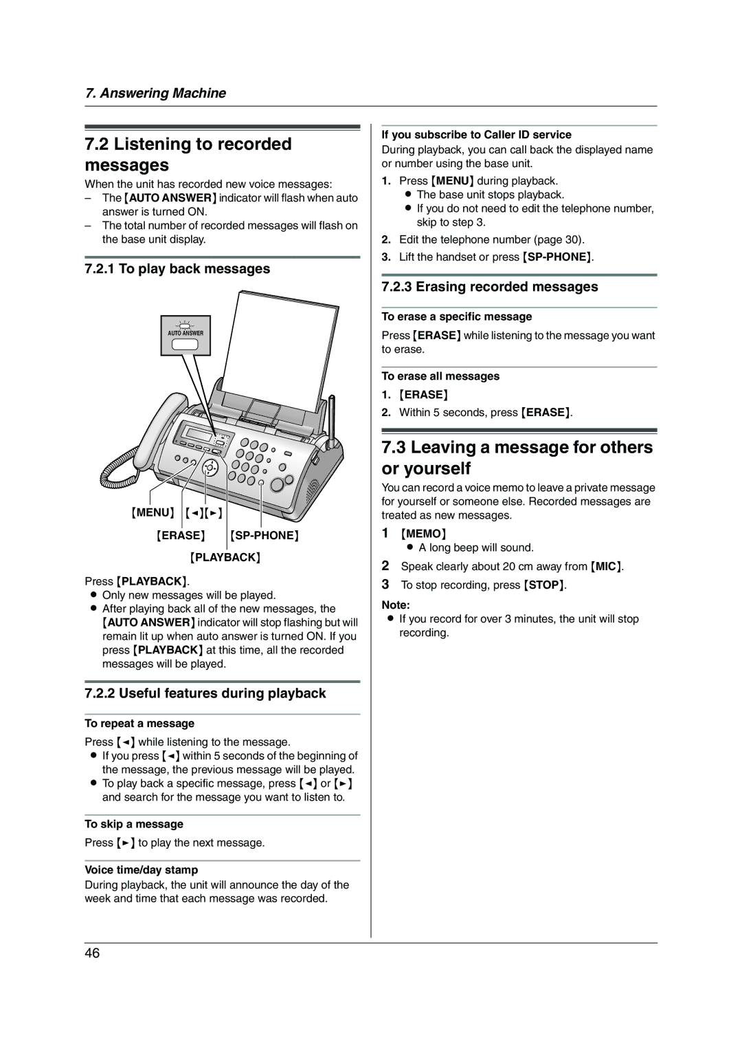 Panasonic KX-FC255AL manual Listening to recorded messages, Leaving a message for others or yourself, To play back messages 