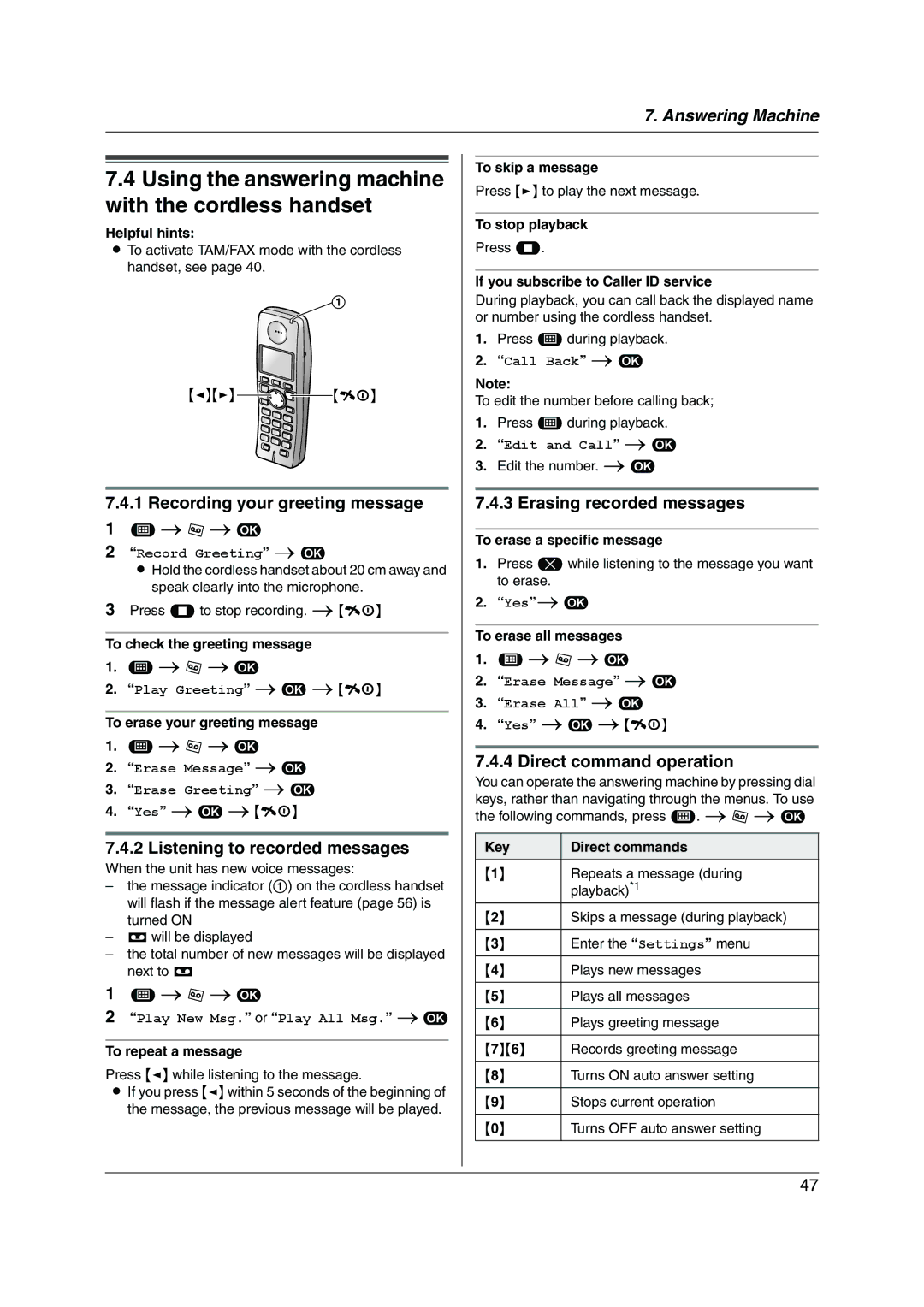 Panasonic KX-FC255AL manual Recording your greeting message, Listening to recorded messages, Direct command operation 