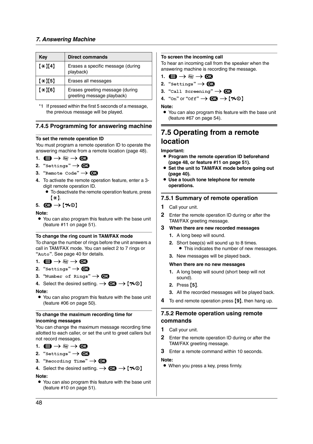 Panasonic KX-FC255AL Operating from a remote location, Programming for answering machine, Summary of remote operation 