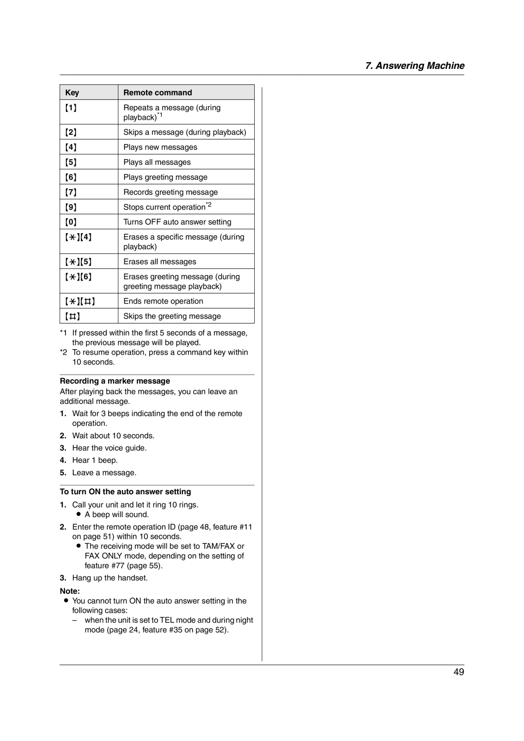 Panasonic KX-FC255AL manual Key Remote command, Recording a marker message, To turn on the auto answer setting 