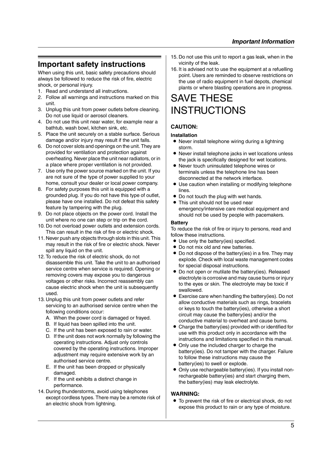 Panasonic KX-FC255AL manual Important safety instructions, Installation, Battery 