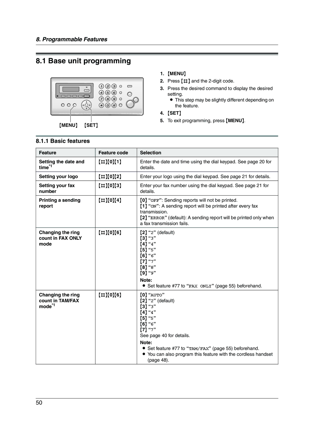 Panasonic KX-FC255AL manual Base unit programming, Basic features 