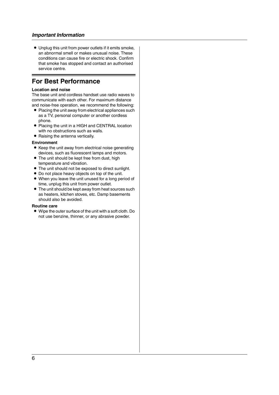 Panasonic KX-FC255AL manual For Best Performance, Location and noise, Environment, Routine care 