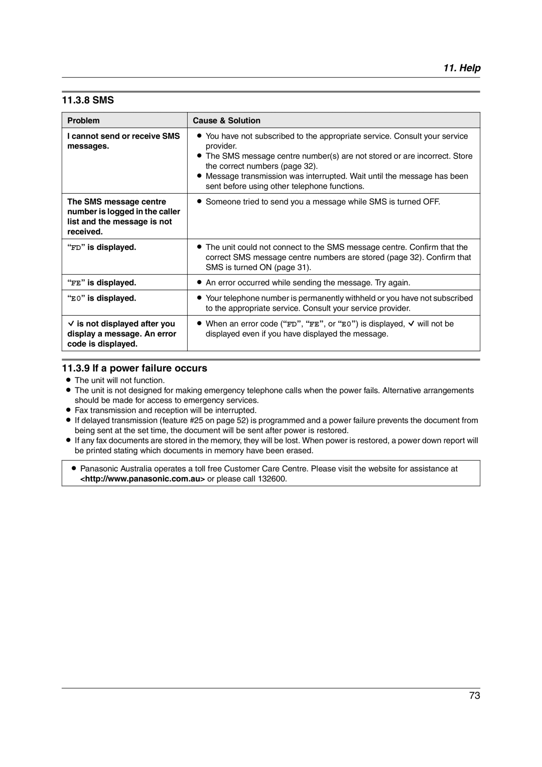 Panasonic KX-FC255AL 11.3.8 SMS, If a power failure occurs, To the appropriate service. Consult your service provider 