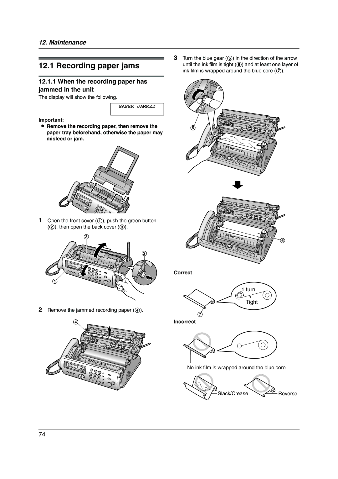 Panasonic KX-FC255AL manual Recording paper jams, When the recording paper has jammed in the unit 