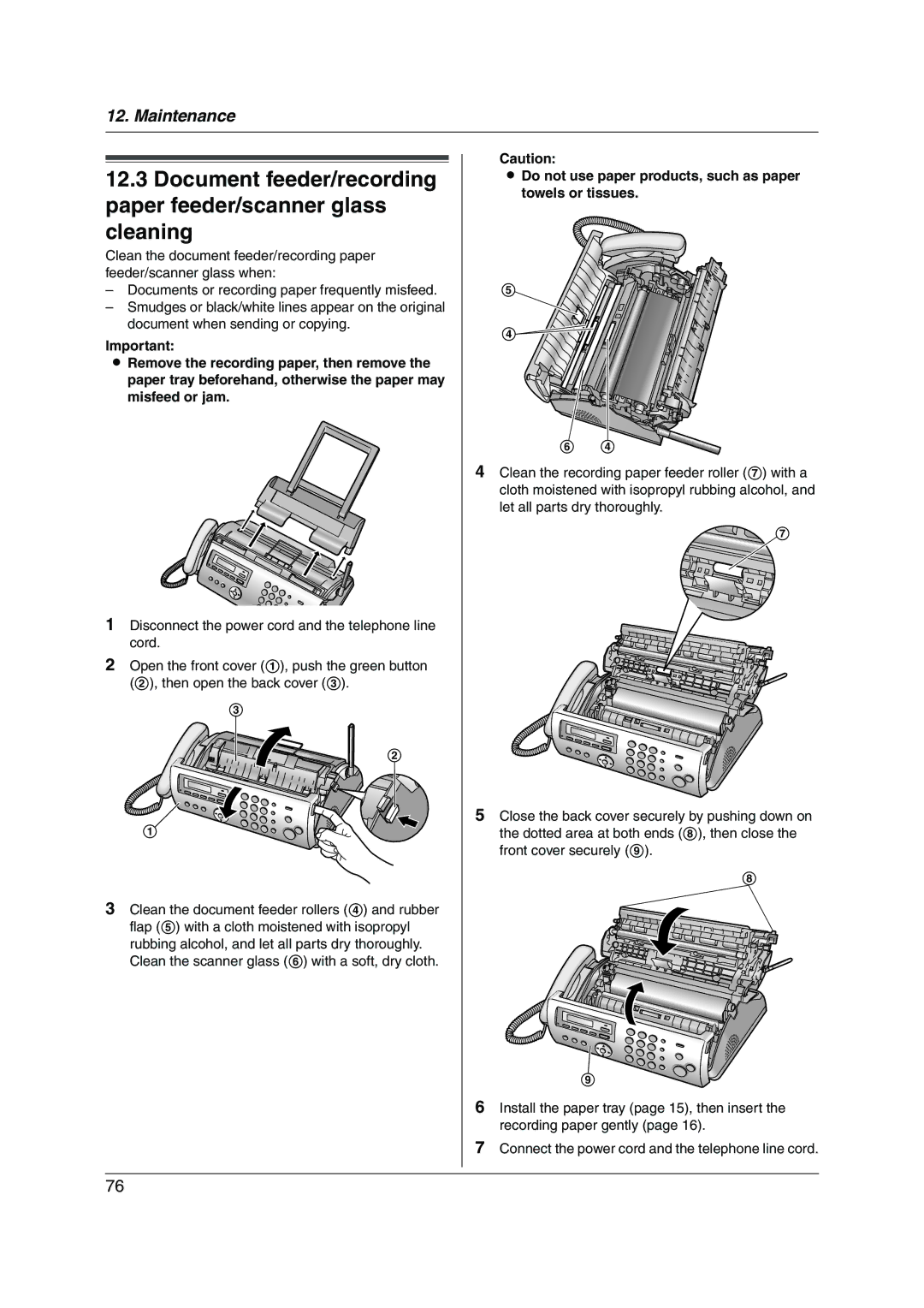 Panasonic KX-FC255AL manual Do not use paper products, such as paper towels or tissues 