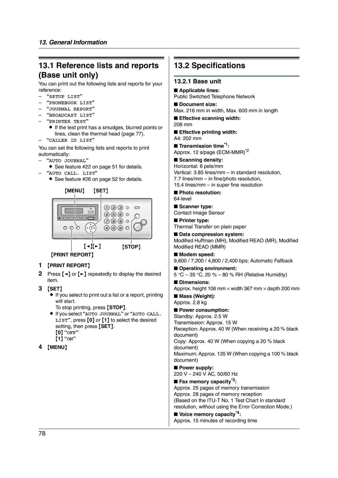 Panasonic KX-FC255AL manual Reference lists and reports Base unit only, Specifications, Menu SET 