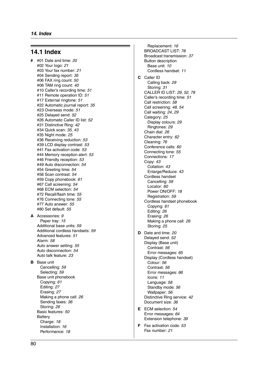 Panasonic KX-FC255AL manual Index, Broadcast List 