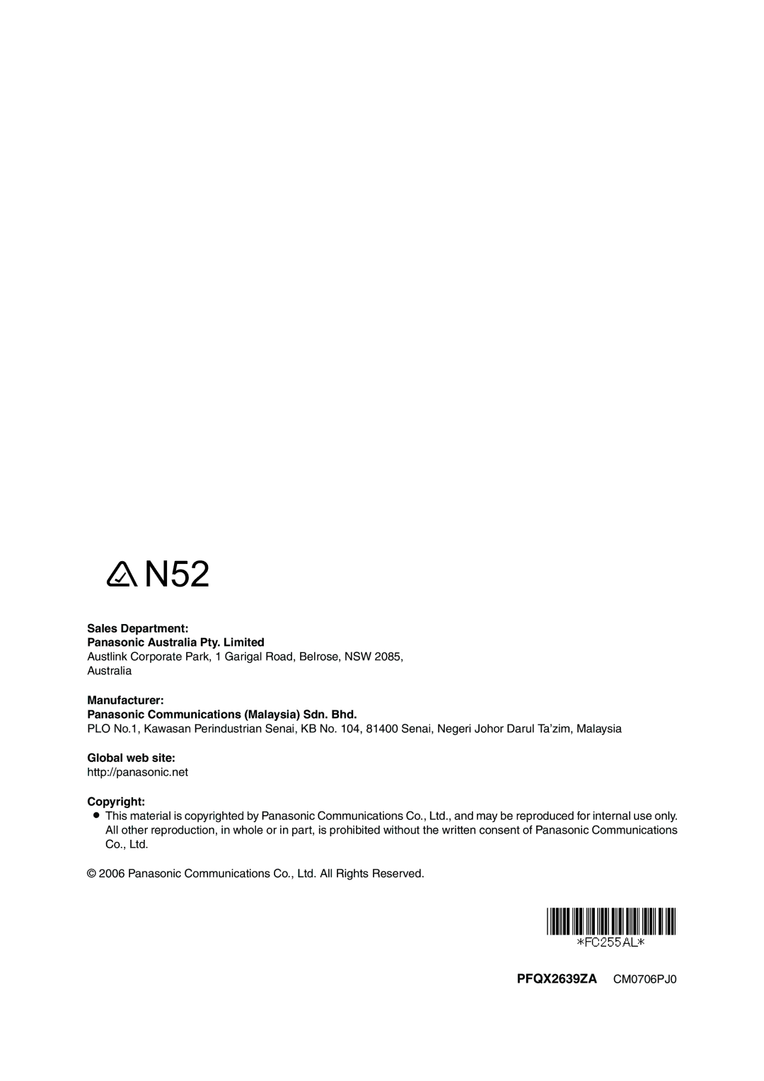 Panasonic KX-FC255AL manual Sales Department Panasonic Australia Pty. Limited, Global web site, Copyright 