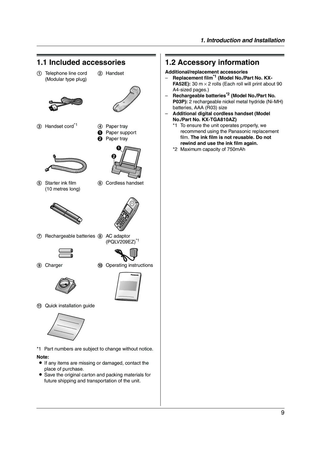 Panasonic KX-FC255AL manual Included accessories, Accessory information, Charger Operating instructions 