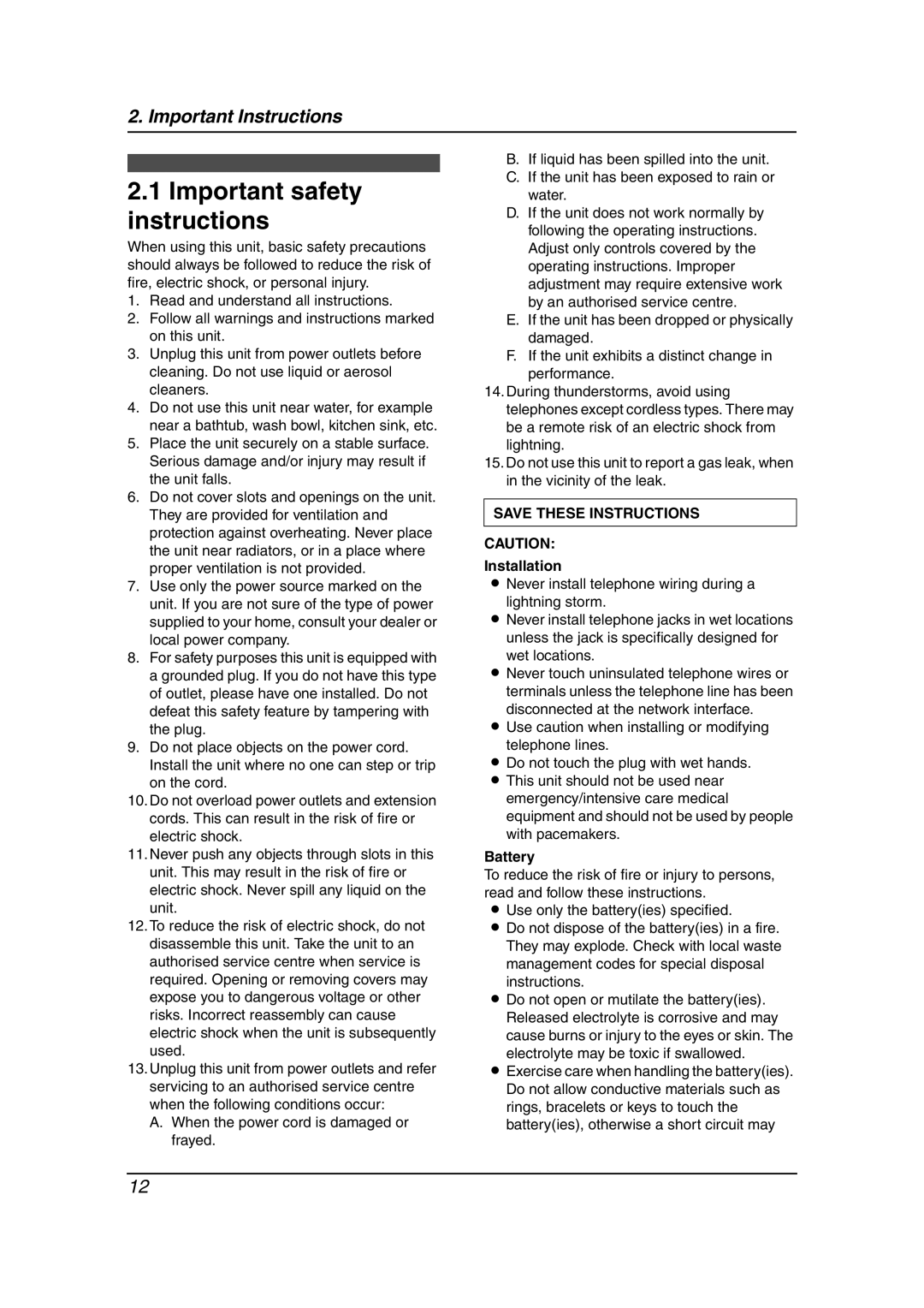 Panasonic KX-FC962HK manual Important safety instructions, Installation, Battery 