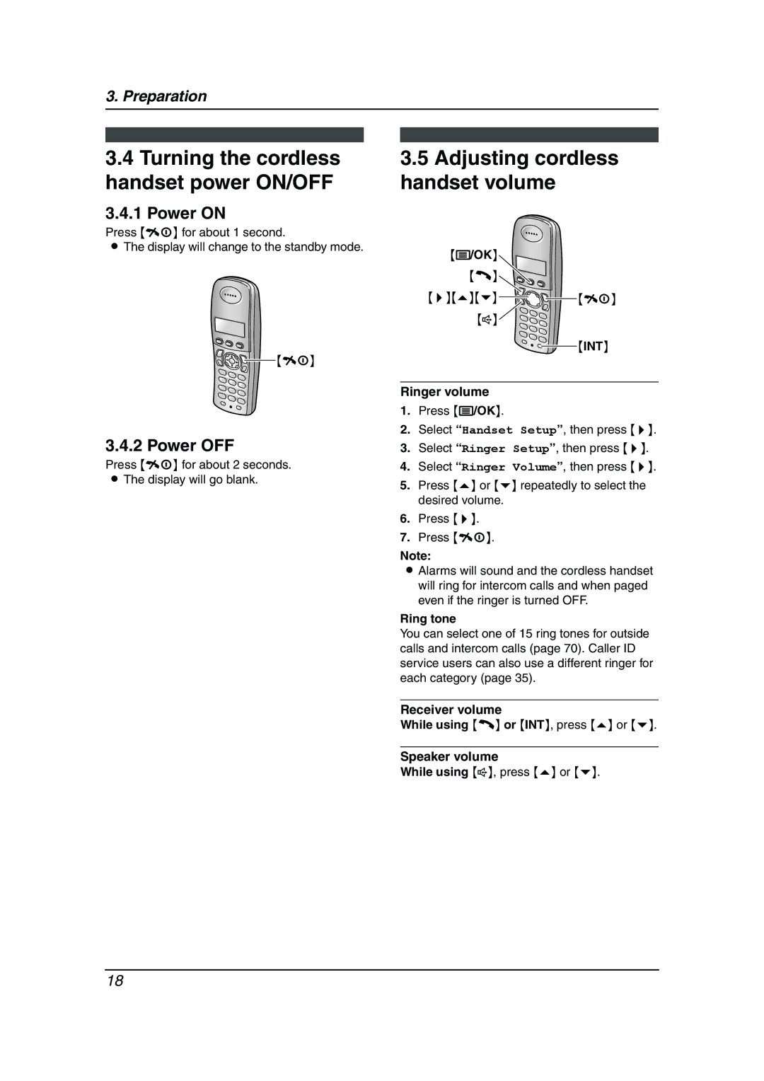 Panasonic KX-FC962HK Turning the cordless handset power ON/OFF, Adjusting cordless handset volume, Power on, Power OFF 