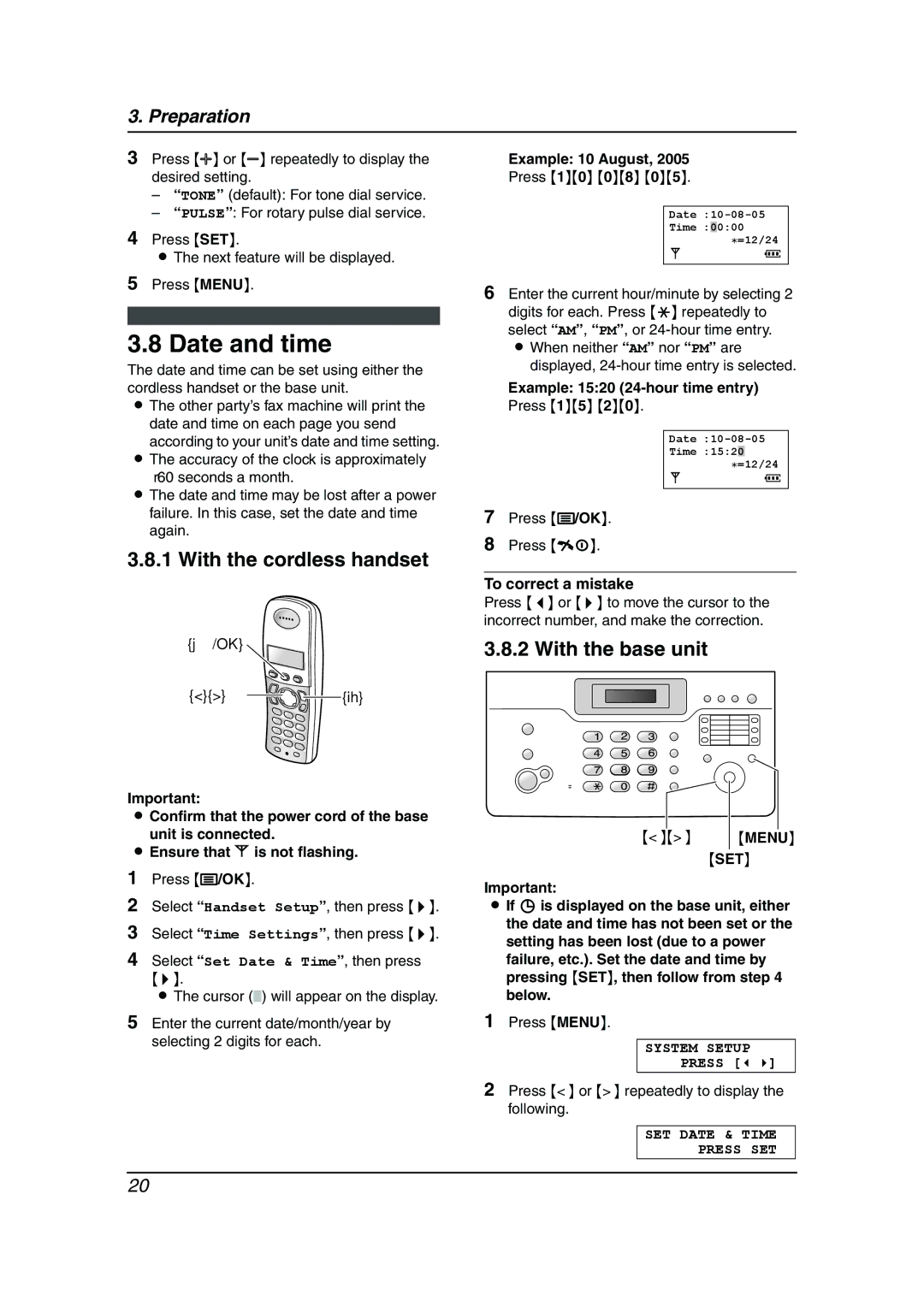 Panasonic KX-FC962HK Date and time, Example 10 August, Example 1520 24-hour time entry Press 15, SET Date & Time Press SET 