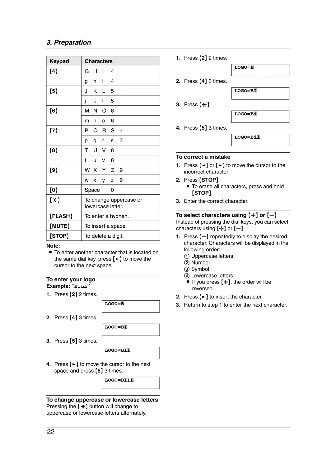 Panasonic KX-FC962HK manual Keypad Characters, To enter your logo Example Bill, To change uppercase or lowercase letters 