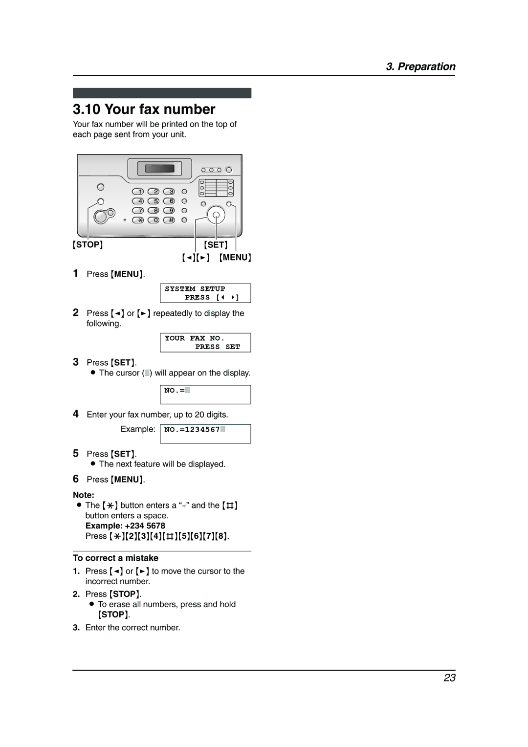 Panasonic KX-FC962HK manual Your fax number, Stop SET, Your FAX no Press SET, Example +234 