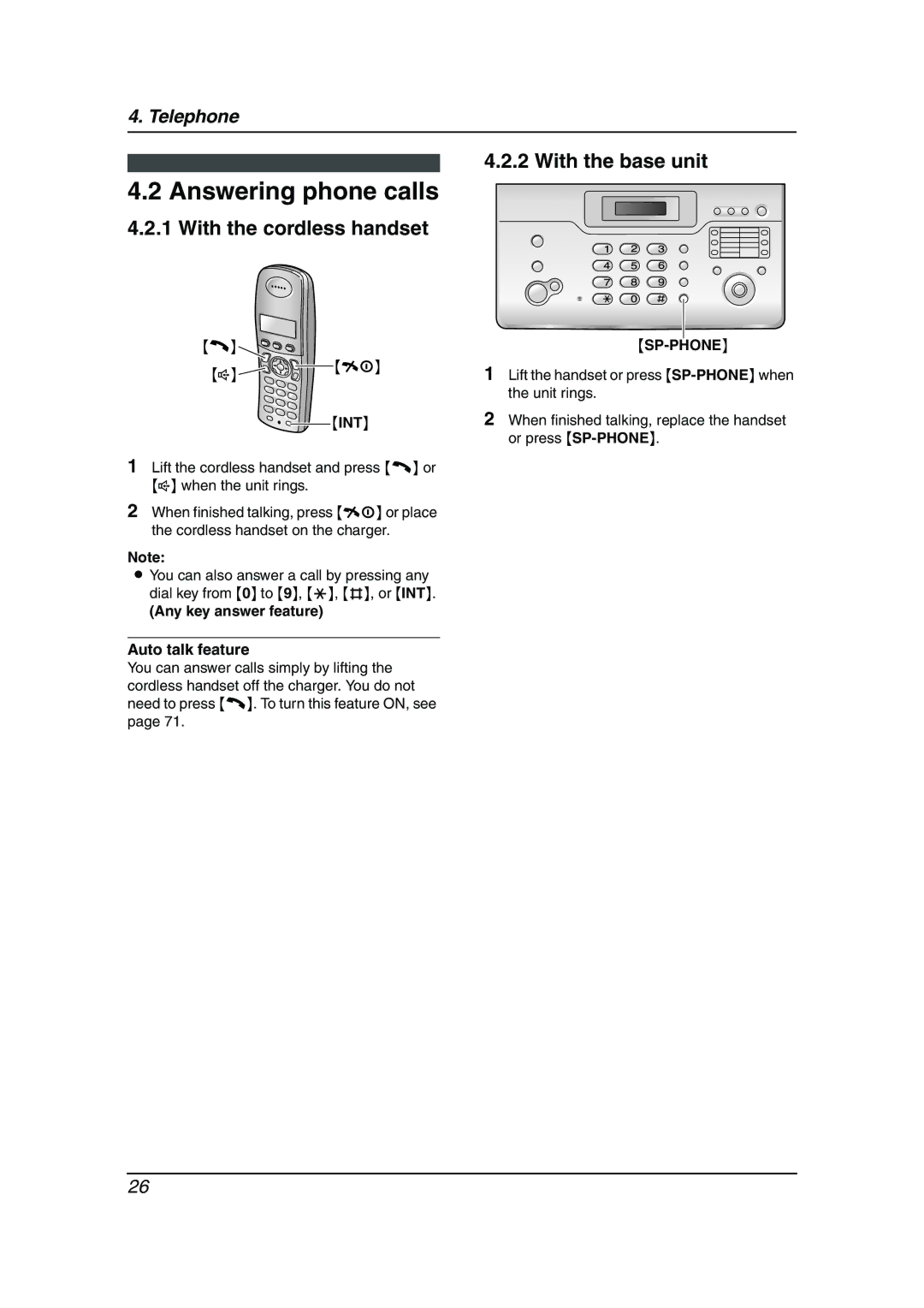 Panasonic KX-FC962HK manual Answering phone calls, Any key answer feature Auto talk feature 