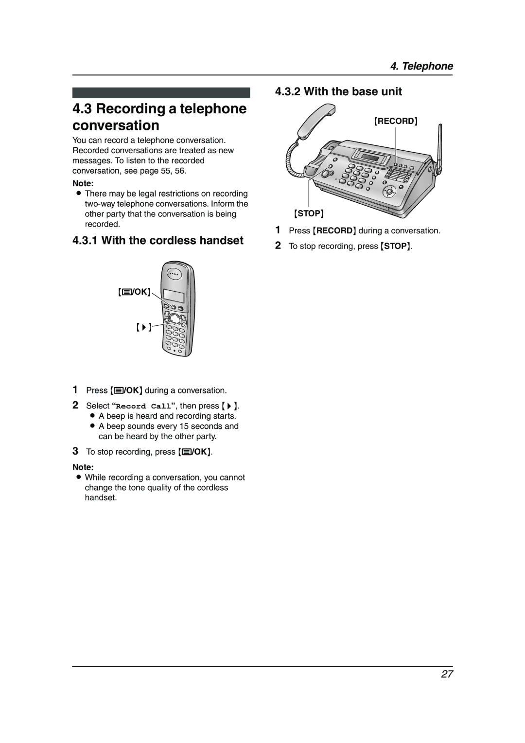 Panasonic KX-FC962HK manual Recording a telephone conversation, Record Stop 