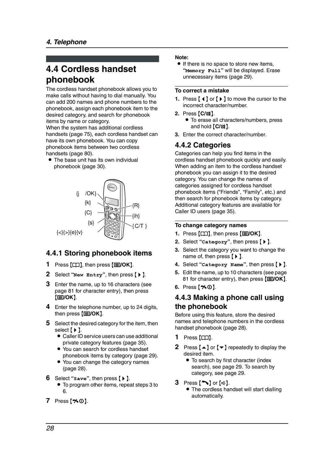 Panasonic KX-FC962HK manual Cordless handset phonebook, Categories, Storing phonebook items, To change category names 