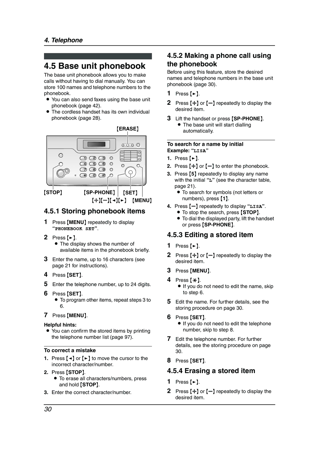 Panasonic KX-FC962HK manual Base unit phonebook, Erasing a stored item, Erase Stop SP-PHONE SET, Helpful hints 