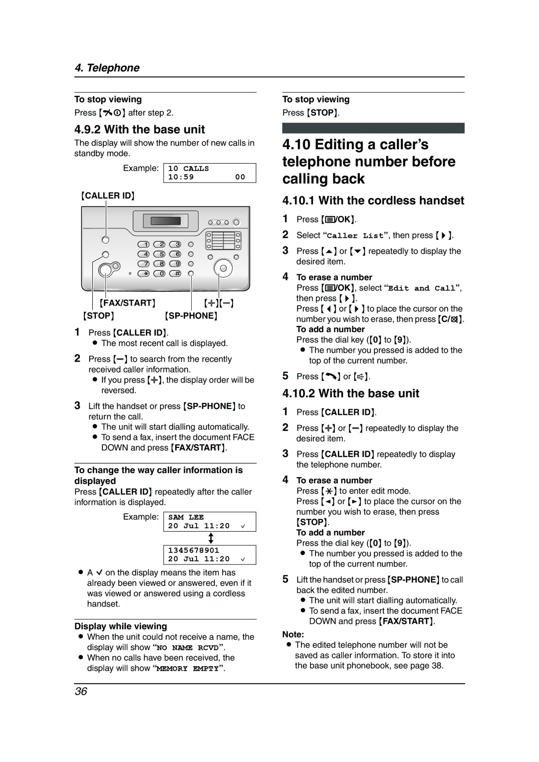 Panasonic KX-FC962HK manual Editing a caller’s telephone number before calling back, Caller ID FAX/START Stop SP-PHONE 