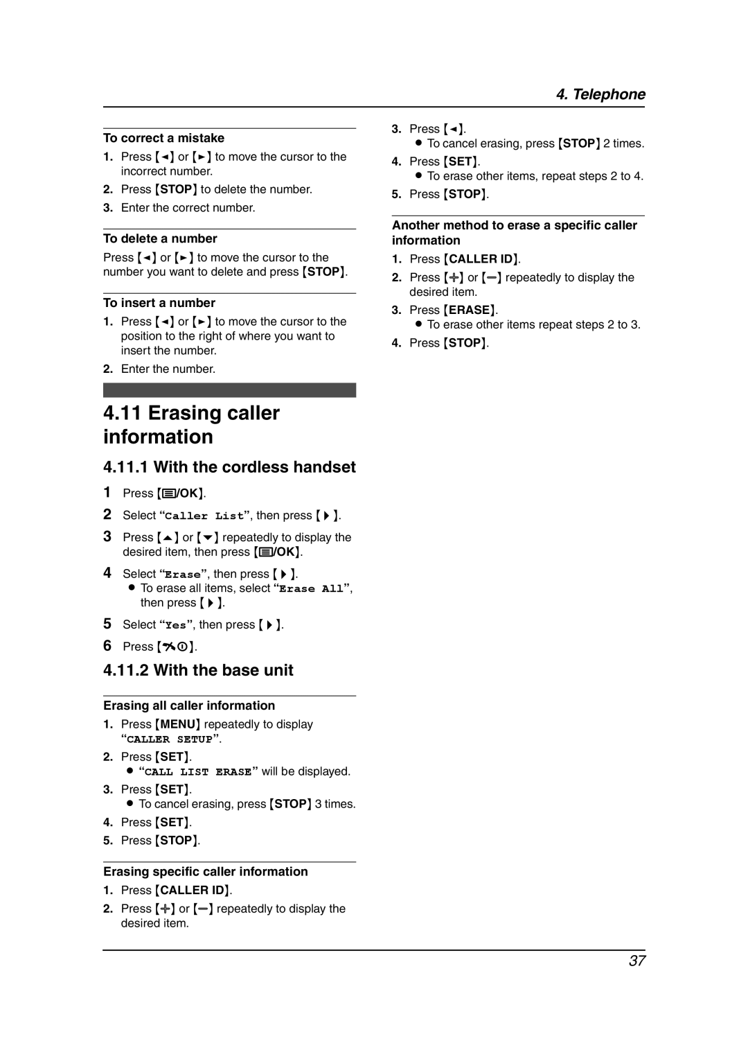 Panasonic KX-FC962HK Erasing caller information, To delete a number, To insert a number, Erasing all caller information 