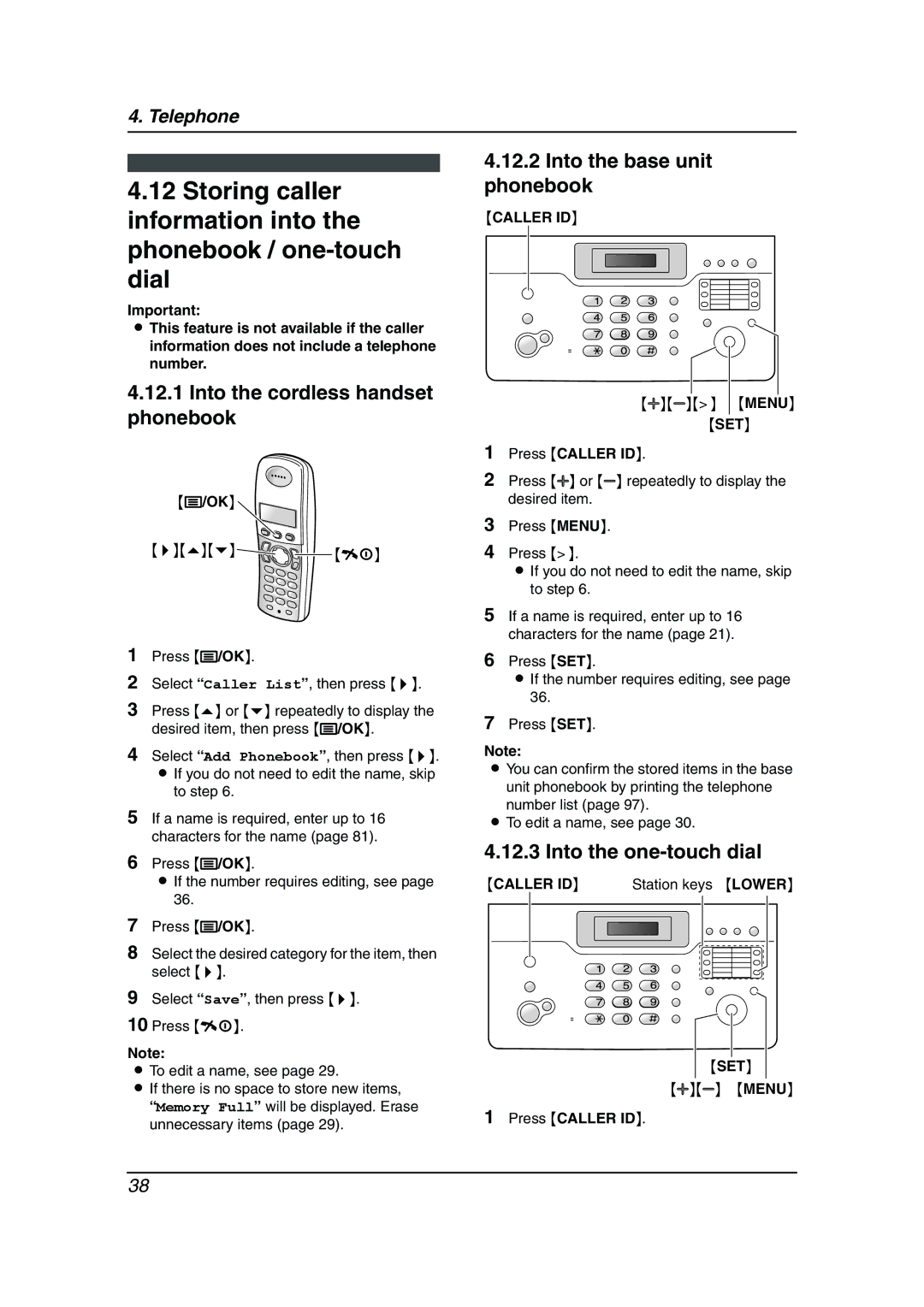 Panasonic KX-FC962HK Into the cordless handset phonebook, Into the base unit phonebook, Into the one-touch dial, Caller ID 