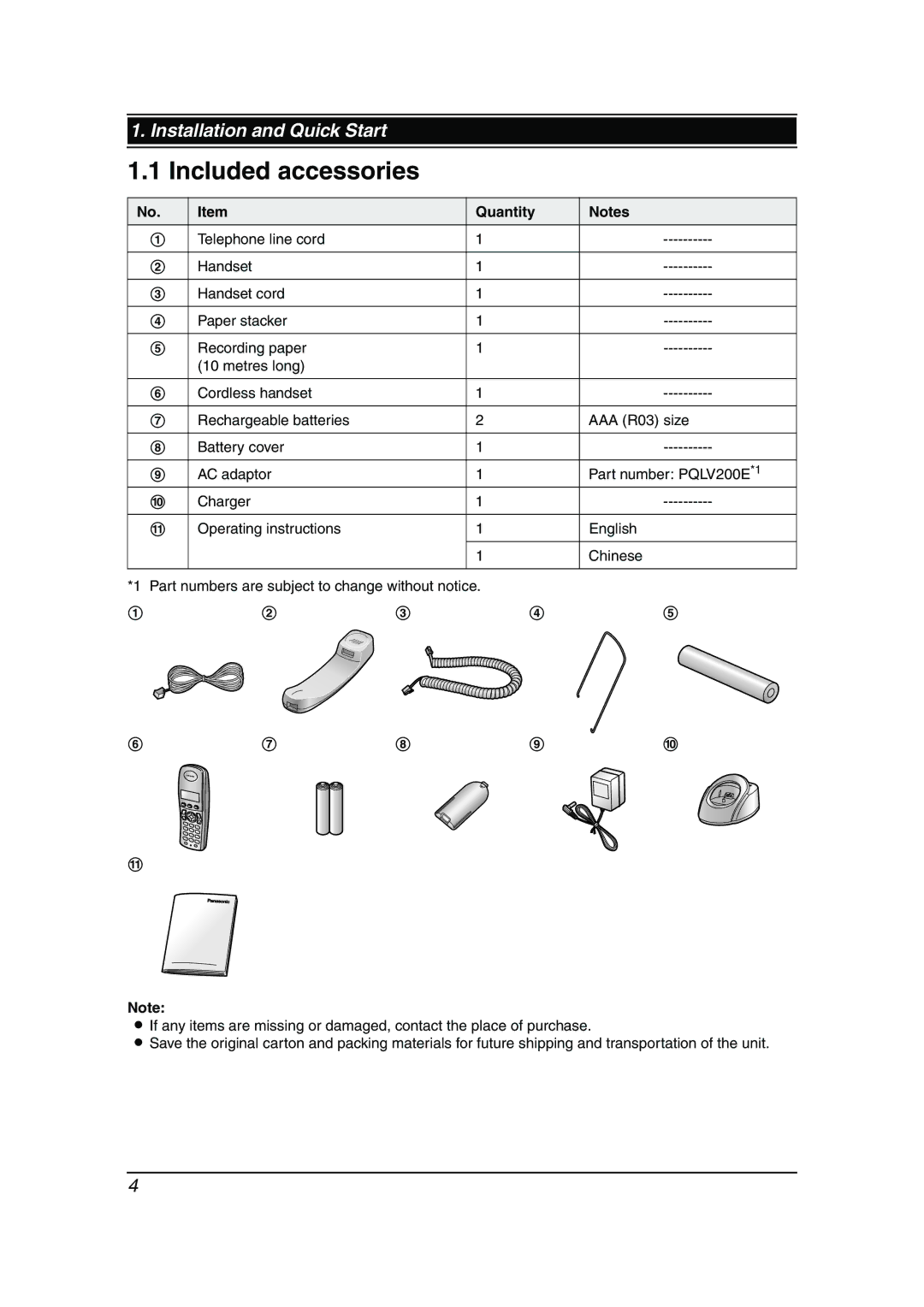 Panasonic KX-FC962HK manual Included accessories, Quantity 