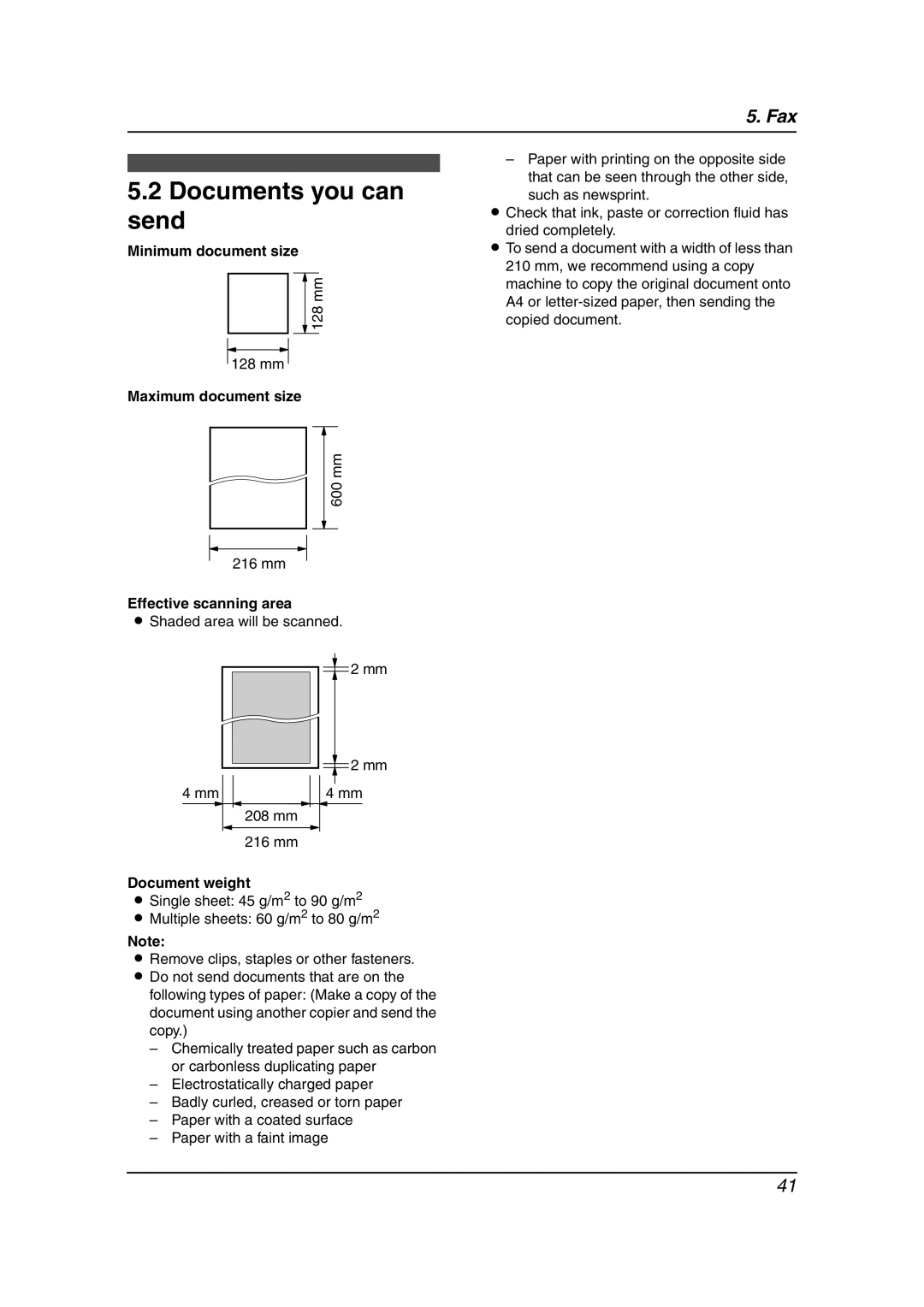 Panasonic KX-FC962HK manual Documents you can send, Minimum document size, Maximum document size, Effective scanning area 