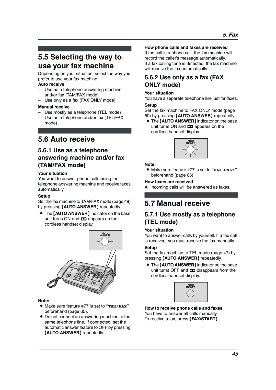 Panasonic KX-FC962HK manual Selecting the way to use your fax machine, Auto receive, Manual receive 