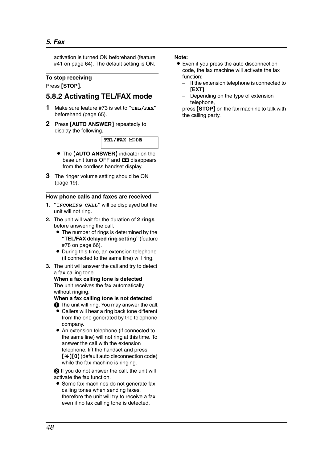 Panasonic KX-FC962HK Activating TEL/FAX mode, To stop receiving, TEL/FAX Mode, How phone calls and faxes are received 