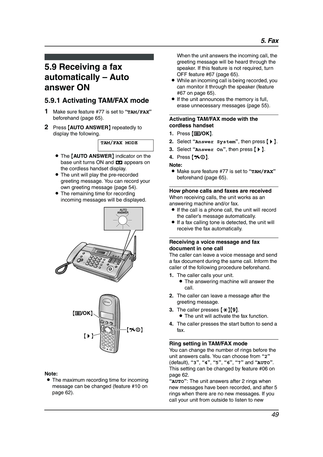 Panasonic KX-FC962HK Receiving a fax automatically Auto answer on, Activating TAM/FAX mode, Ring setting in TAM/FAX mode 