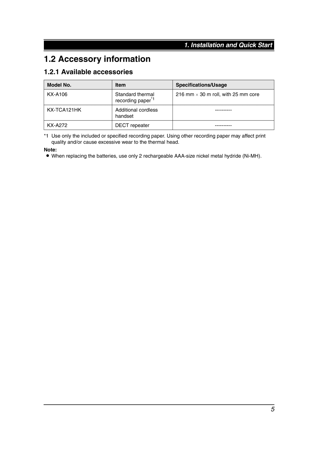 Panasonic KX-FC962HK manual Accessory information, Available accessories, Model No Specifications/Usage 