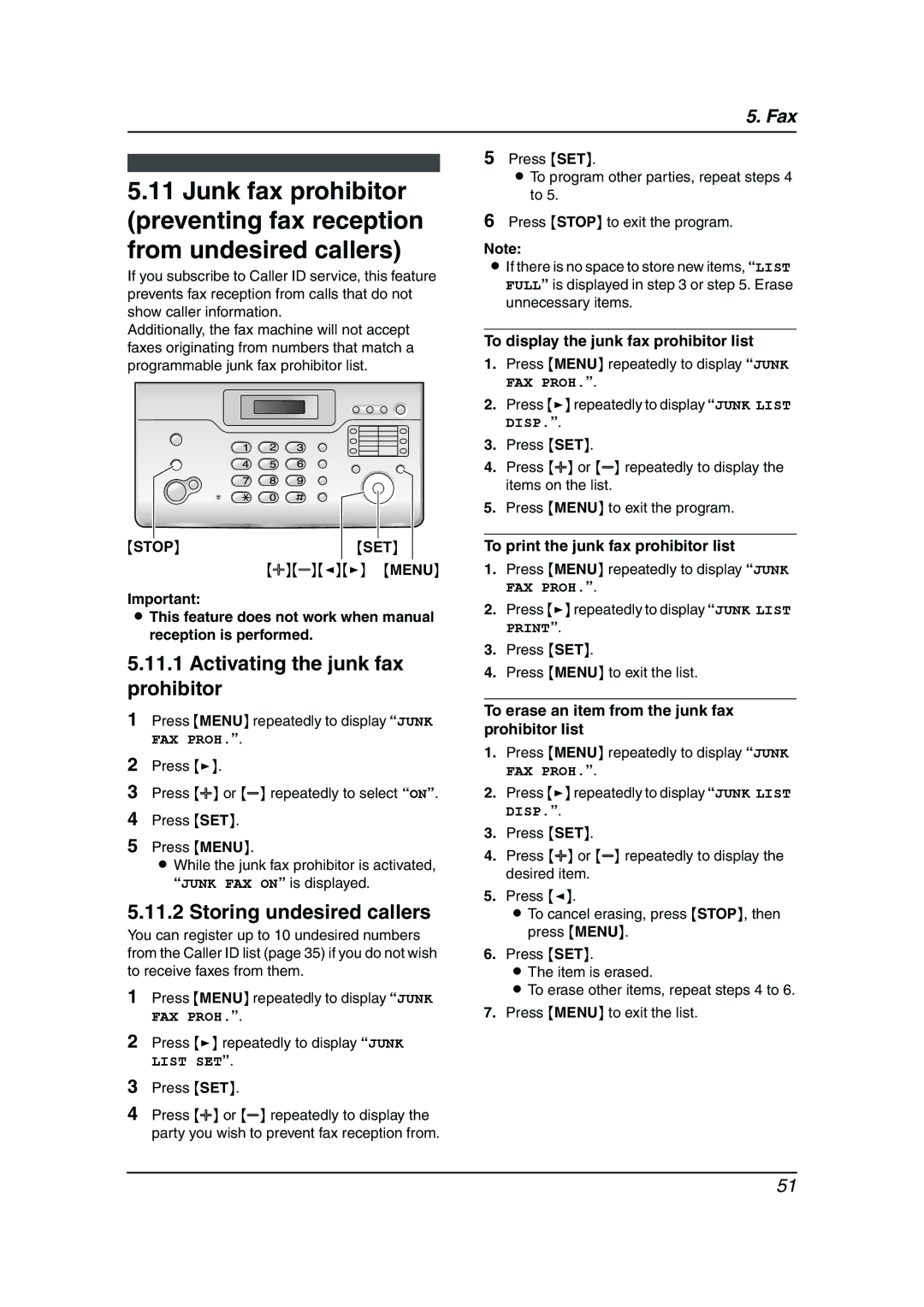 Panasonic KX-FC962HK manual Activating the junk fax prohibitor, Storing undesired callers, Stop SET 