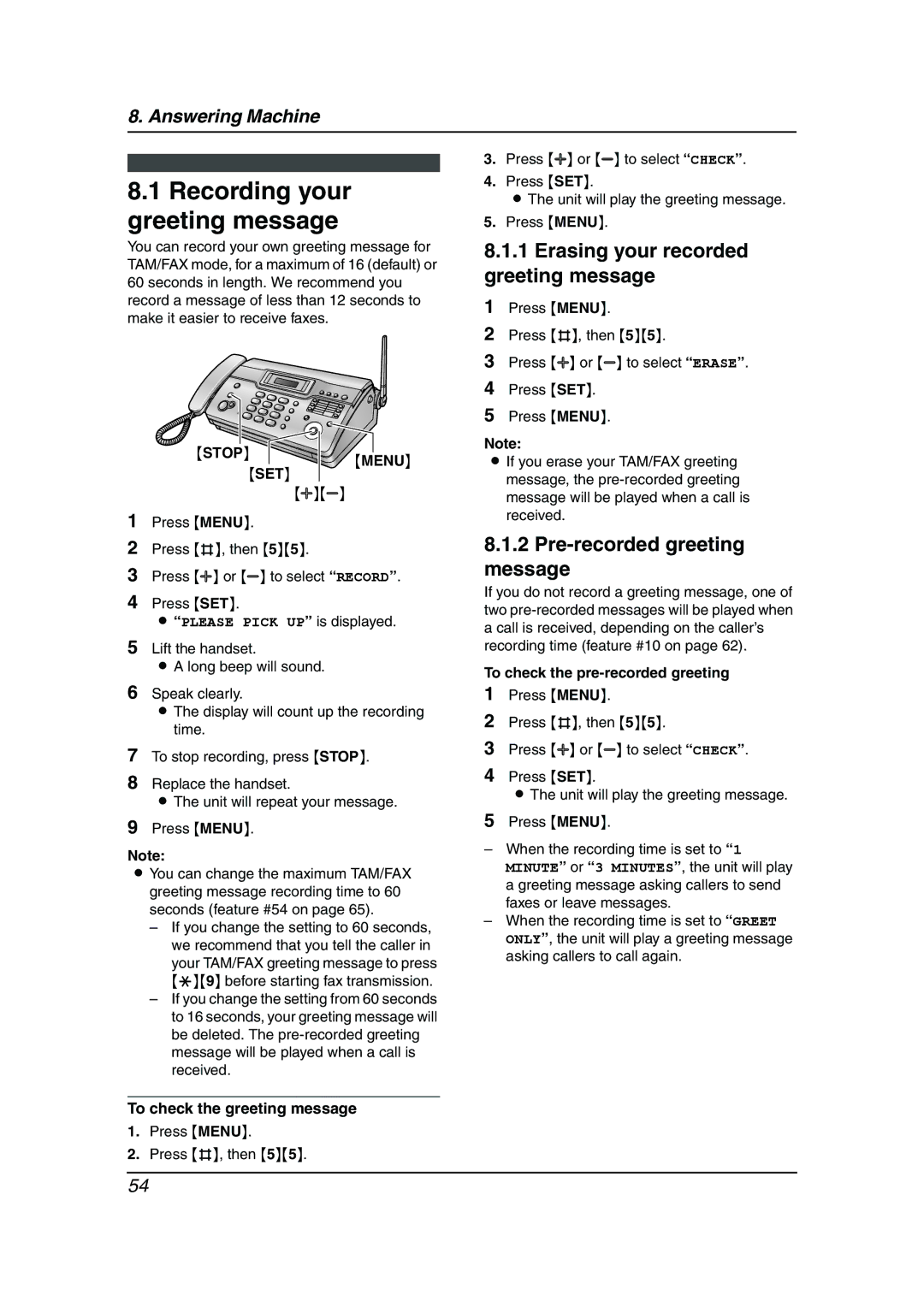 Panasonic KX-FC962HK manual Recording your greeting message, Erasing your recorded greeting message 