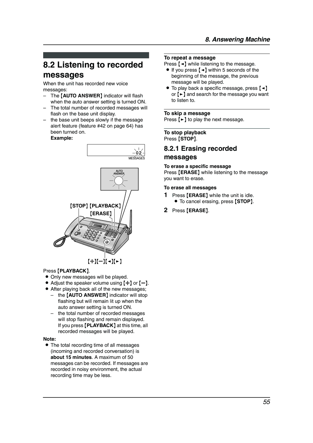 Panasonic KX-FC962HK manual Listening to recorded messages, Erasing recorded messages, Stop Playback Erase 