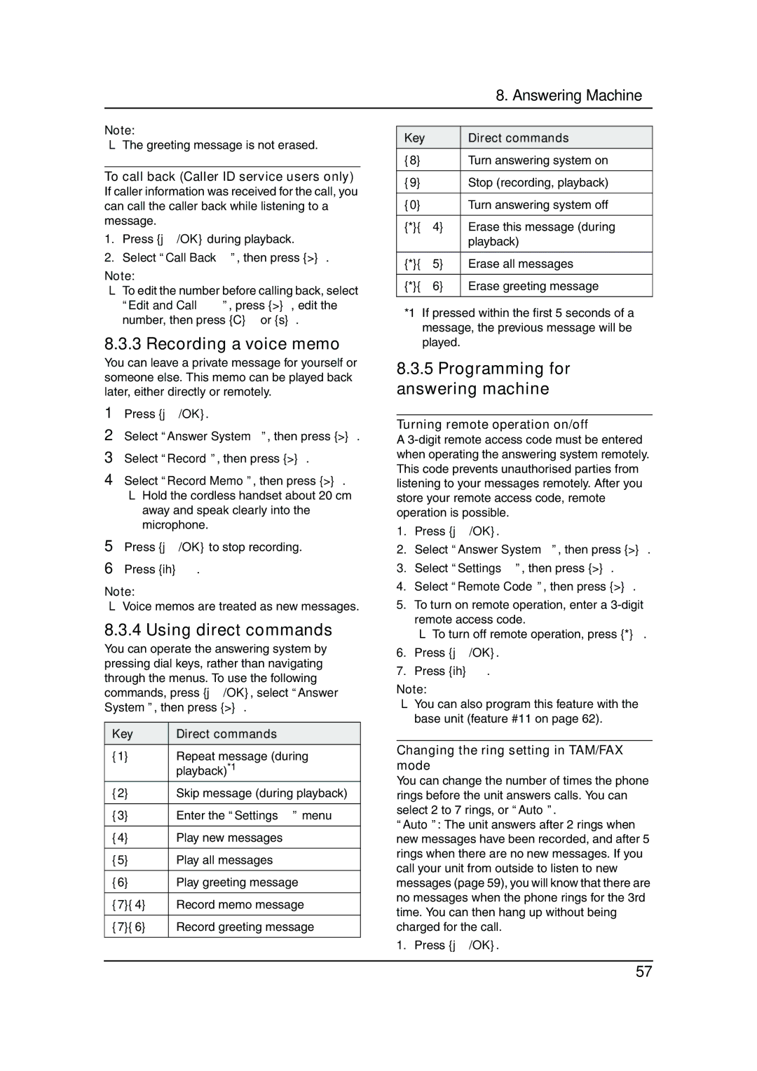 Panasonic KX-FC962HK manual Recording a voice memo, Using direct commands, Programming for answering machine 