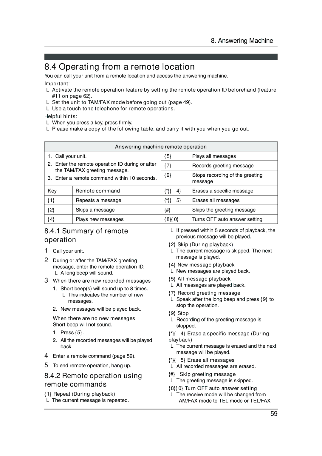 Panasonic KX-FC962HK Operating from a remote location, Summary of remote operation, Remote operation using remote commands 