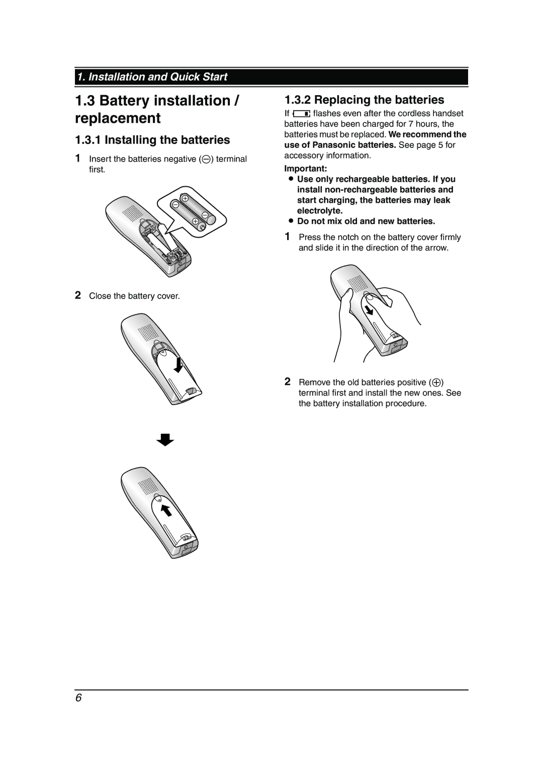 Panasonic KX-FC962HK manual Battery installation / replacement, Installing the batteries, Replacing the batteries 