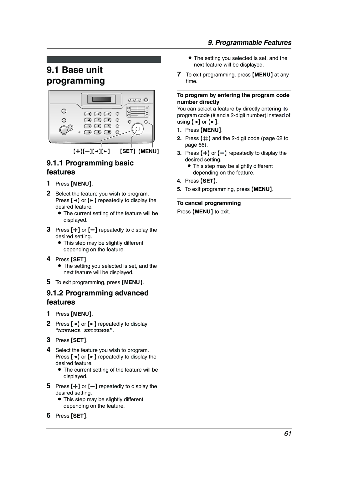 Panasonic KX-FC962HK manual Base unit programming, Programming basic features, Programming advanced features 