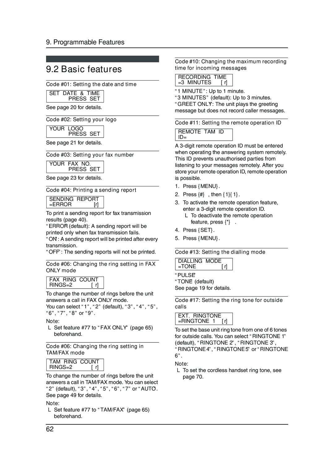 Panasonic KX-FC962HK manual Basic features 