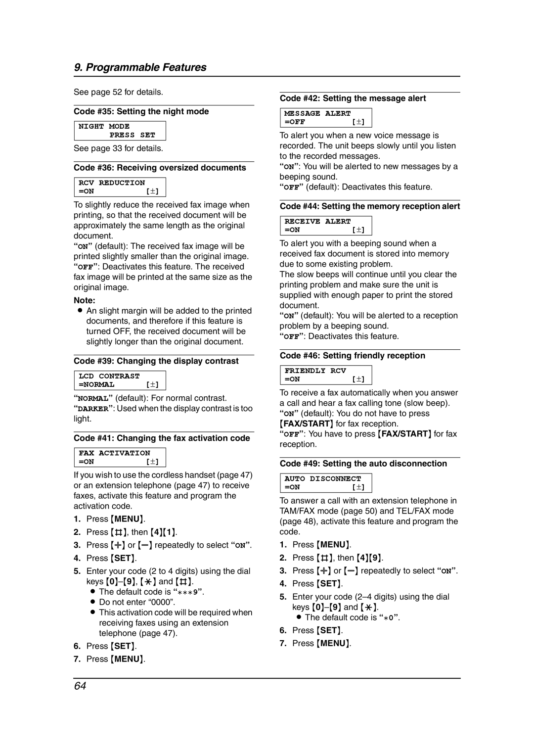 Panasonic KX-FC962HK manual Code #35 Setting the night mode, Code #36 Receiving oversized documents 