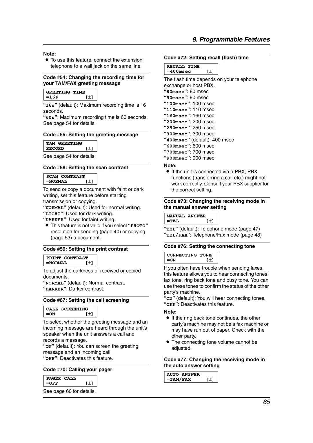 Panasonic KX-FC962HK manual Code #55 Setting the greeting message, Code #58 Setting the scan contrast 