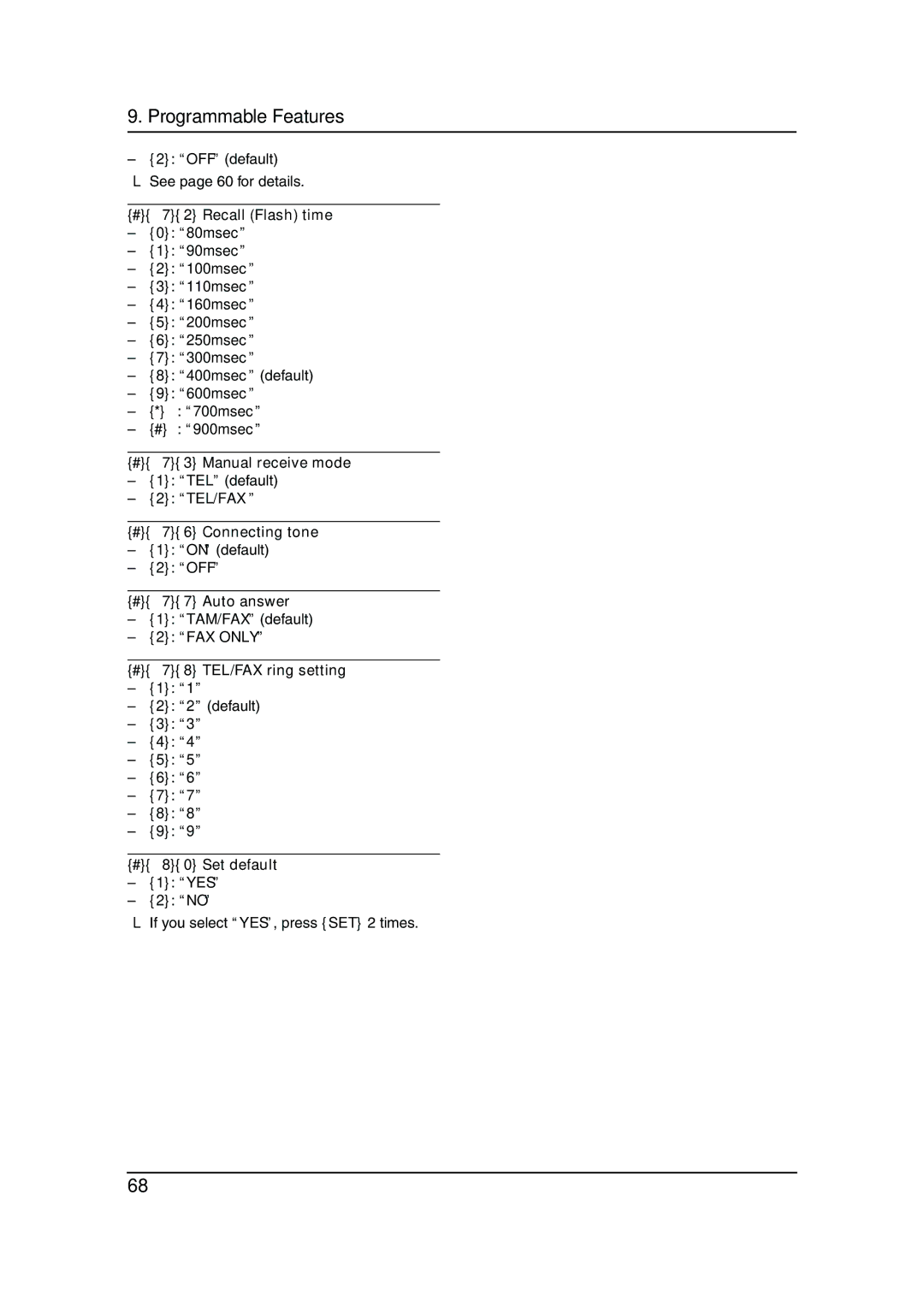 Panasonic KX-FC962HK manual #72 Recall Flash time, #73 Manual receive mode, #76 Connecting tone, OFF #77 Auto answer 