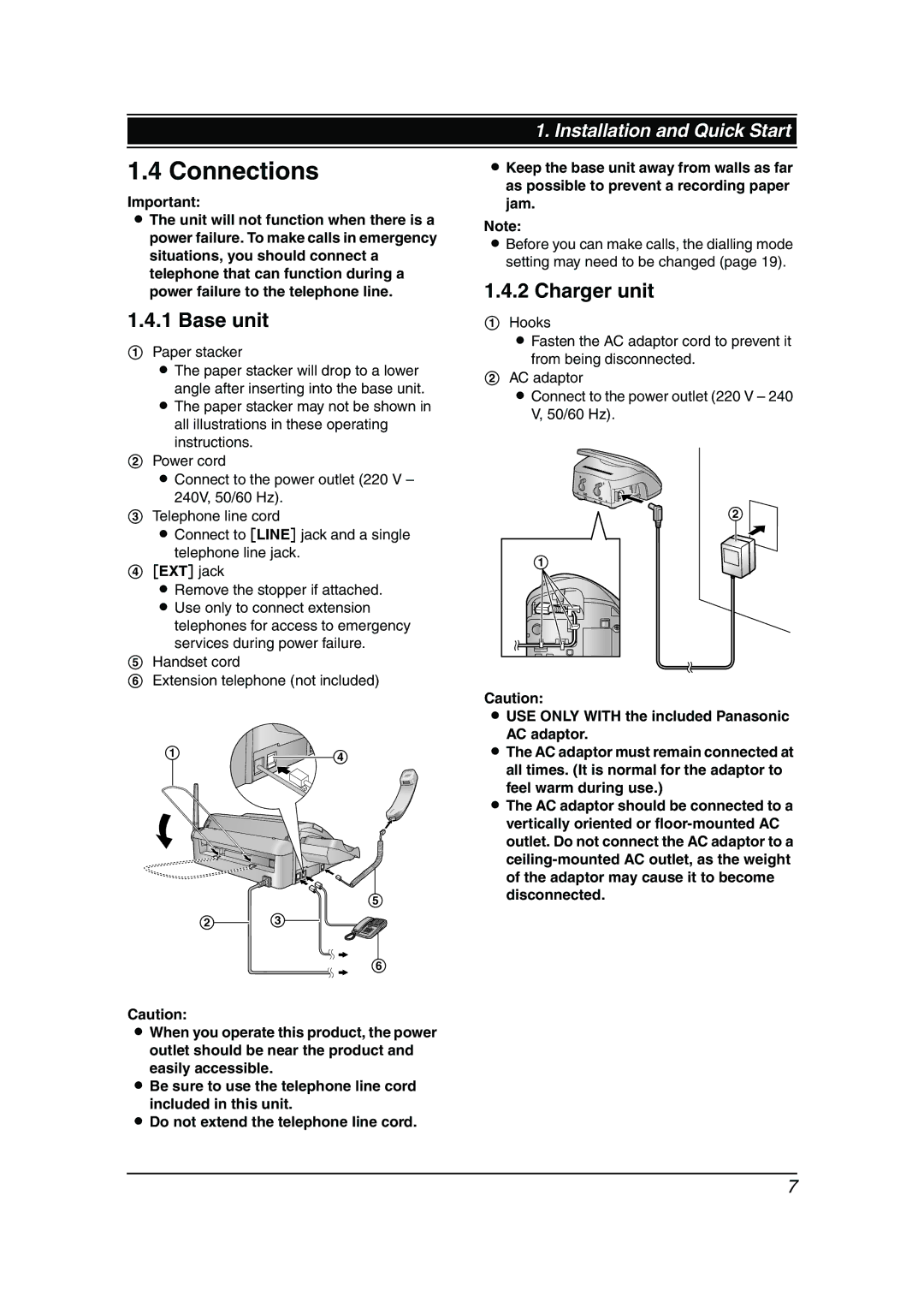 Panasonic KX-FC962HK manual Connections, Base unit, Charger unit 